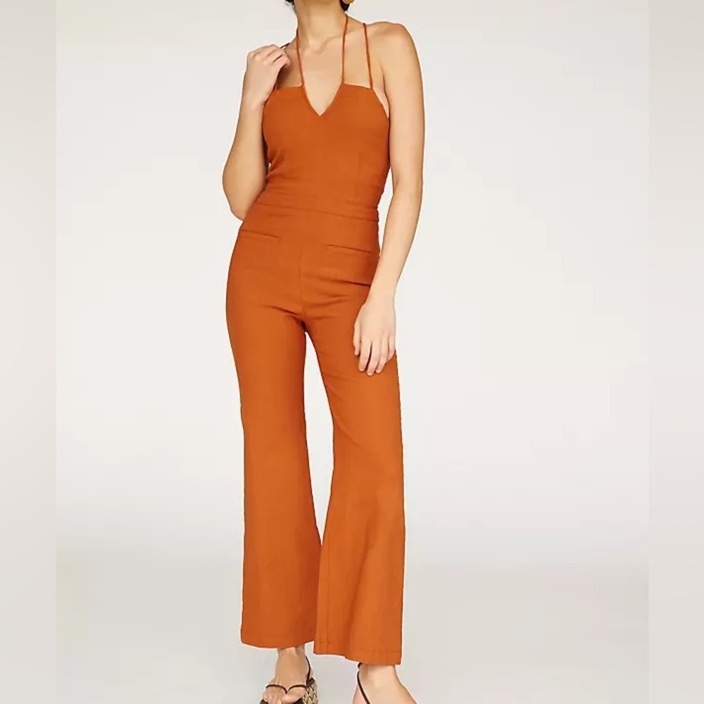 Maeve by Anthropologie Colette Strappy Jumpsuit in rust orange color
